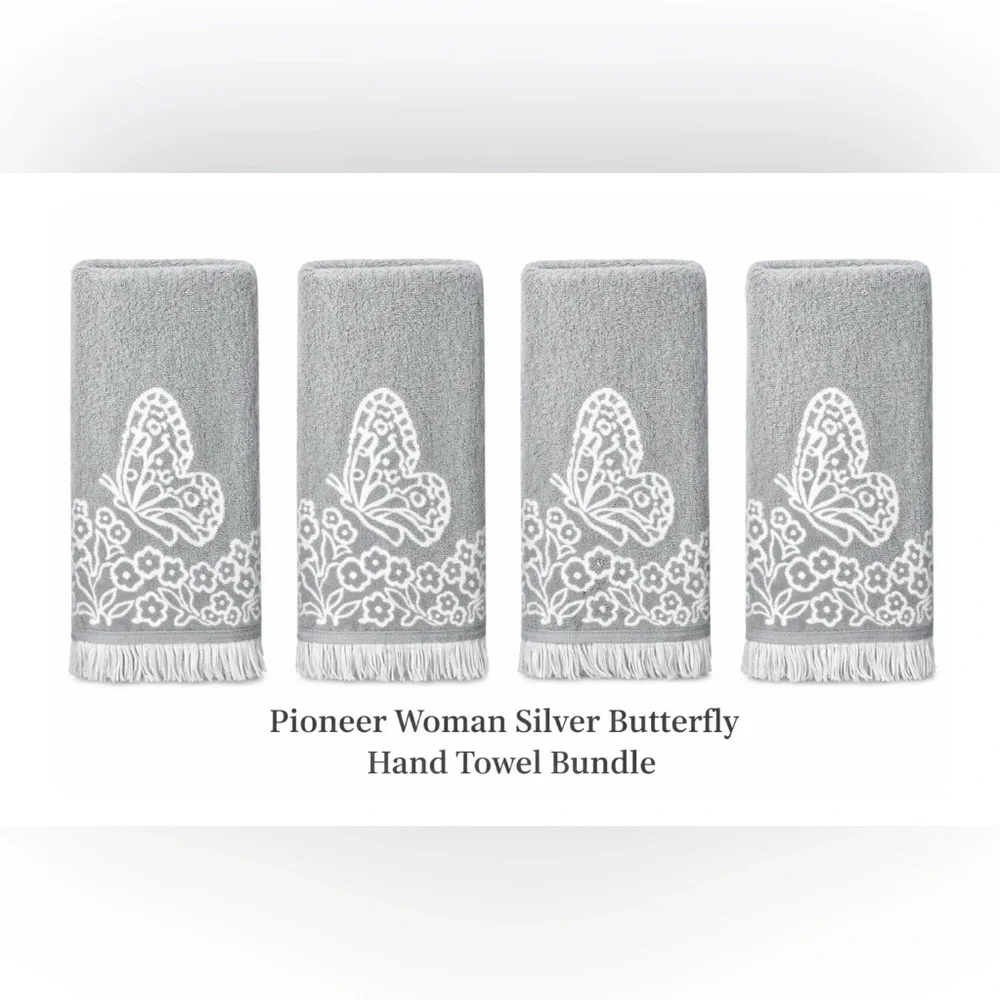 Pioneer Woman Silver Butterfly Hand Towel Bundle ( 8 hand towels)